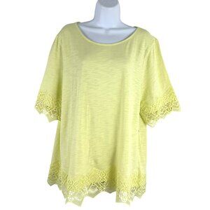 Chico's Slub Lace Hem‎ Tee Shirt Top Size 3 Lime Yellow Short Sleeve NWT TP-3708
